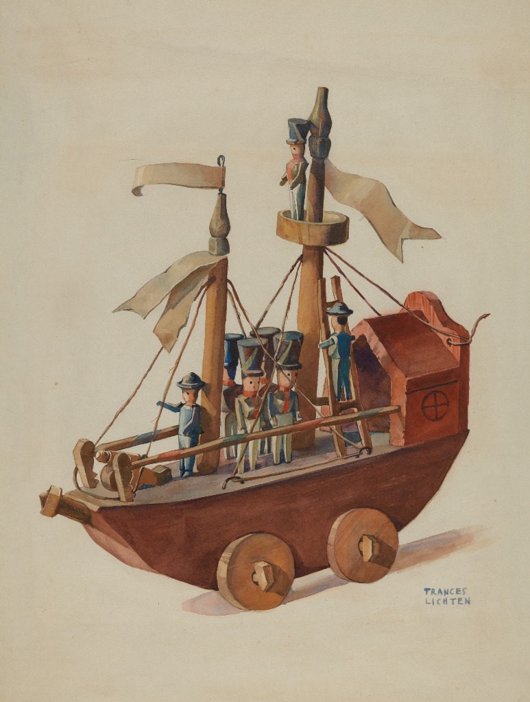 Watercolor painting of a toy warship on wheels